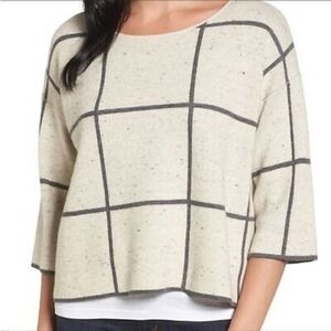 EILEEN FISHER Womens Sweater Peppered Cream Black Grid Pattern 3/4 Sleeve Size L